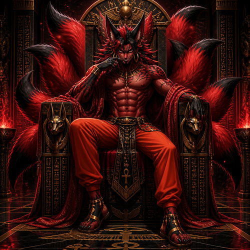 A demonic looking male red and black nine tailed fox wearing tight orange pants, no shirt showing a 16 pack of abs, an open red robe, sandals, and gold earrings. He is sitting on a Egyptian inspired throne with a wicked look on his face. Anime style art, solo, full body.