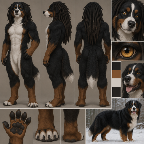 gold eyes, dreadlocks, bernese mountain dog, plantigrade footpaws, brown fur on cheeks and hands and legs below knees and elbows, white fur on belly chest and chin, black fur