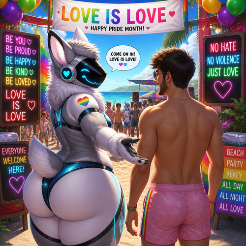 A well-made homosexual fluffy gay Protogen adult male character that wears a swimsuit and has thick thighs and a big round buttocks also has a short tail who’s invited a man into a party at the beach and has both nice views where love is love in pride month and there’s no hate and violence allowed.