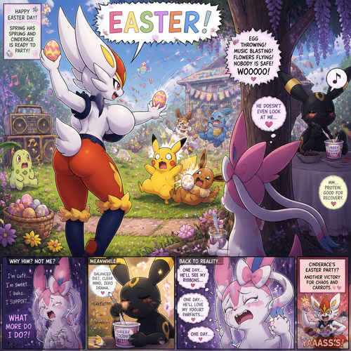 A busty well-made fluffy female Pokemon character, Cinderace. Who celebrates on today’s Easter Day and shouts, EASTER! And wrecking up a place like a crazy party gal while she knocked other terrified Pokemon by throwing eggs at them but A cute but creepy but a gay male Sylveon just as sad and irritating about being ignored by a male Umbreon while eating a healthy yogurt distracted and appreciated. All well-made characters. A dramatic and a funny comedy show. A comic views. Spring season. Side/back view.