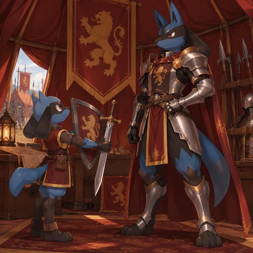 A male Riolu dressed up as a squire getting ready to hand a shield and sword to a male Lucario dressed up as a knight and truly is standing like the King he is. They are in a red tent with a golden Lion on a banner in the tent getting ready to go to war. Anime art style, full body.