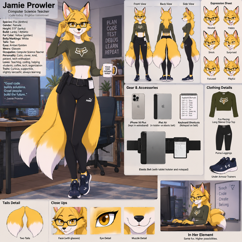 A lanky female anthropomorphic fox named Jamie Prowler that has two tails and yellow fur, white belly, wears glasses, wearing a olive green long sleeve fox racing crop top and a pair of black Puma leggings, keeps her phone (iPhone 16 Plus) in the waistband of her leggings, keeps her tablet (silver iPad Air) in a holster on a elastic belt, has a small notepad with keyboard shortcuts on it she keeps on her elastic belt, wears navy blue under armor trainers, is a computer science teacher, is in a room alone, reference sheet, one big picture, animated version 