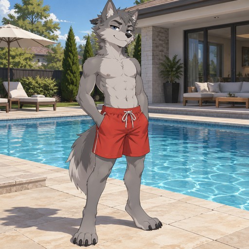 A middle school aged male grey dire wolf wearing bright red swim trunks, no shirt showing of abs. Standing in front of a swimming pool at his house with a smug smirk on his face. Anime art style, solo, full body.