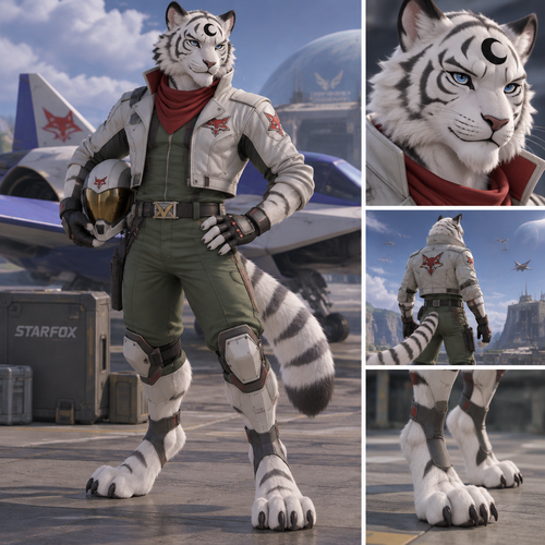 male, anthro, white tiger, black crescent on forehead, blue eyes, digitigrade footpaws, starfox