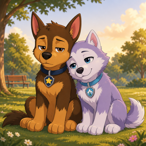 Anime-style fan art illustration of Chase and Everest from PAW Patrol. Both are four-legged puppies (quadrupeds), NOT anthropomorphic, with the proportions of adolescent puppies. Clean anime art style with smooth cel shading and simple fur rendering, no realistic fur strands.
Chase is a German Shepherd puppy sitting naturally on all four paws. He wears only his dark blue police collar with the gold star badge; no uniform, no backpack, no vest, no clothing. His fur follows his classic brown and tan color pattern. His expression is dull, bored and emotionally empty, with half-lidded eyes and a blank stare, as if he is silently wishing the day would end quickly. His ears remain upright, while his relaxed posture reinforces his tired mood.
Everest is sitting beside Chase on all four paws. She is a lavender-and-white Siberian Husky puppy wearing only a light blue collar with her rescue badge; no winter outfit, no backpack, no clothing. She gently leans against Chase's shoulder in an affectionate, comfortable way, showing that they are a loving puppy couple. She has a soft, warm smile and relaxed eyes, conveying calm, trust and quiet happiness without exaggerated expressions.
Both puppies retain their recognizable PAW Patrol facial features, rounded muzzles, expressive anime eyes, soft ears and fluffy tails. They are slightly taller and older-looking than in the show, resembling teenage puppies while still clearly remaining puppies.
The atmosphere is peaceful and cozy, with soft natural lighting, subtle depth of field, a simple park or grassy outdoor background, warm colors, high-quality anime illustration, wholesome, heartwarming, detailed line art, beautiful composition.

Negative Prompt:
anthropomorphic, humanoid, biped, standing on two legs, human hands, human feet, human body, muscular, adult dogs, realistic fur, hyper realistic, furry suit, clothes, jacket, vest, police uniform, backpack, armor, weapon, helmet, extra limbs, extra tails, extra ears, bad anatomy, deformed face, low quality, blurry, text, watermark, logo, cropped, angry expression, aggressive pose, NSFW, suggestive, kissing, photorealistic