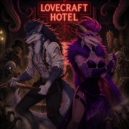 In the animated version of this universe, two adult male characters fight for their lives together against the undead inside the Lovecraft hotel. A bisexual Sergal and the homosexual drag queen the Dragon. Do better with music. Front view.