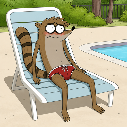Rigby from Regular Show wearing tight red swim trunks sitting on a pool chair with a blush on his face. Solo full body.