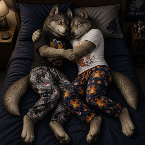 Young twin male dire wolfs sleeping on a bed cuddling together. One dire wolf is wearing mightyena theme pajama pants and a houndoom theme shirt. The other dire wolf is wearing Charizard theme pajama pants and Cinderace theme shirt. Full body