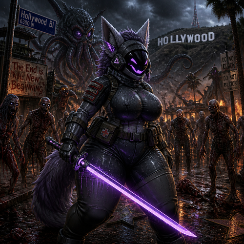 A busty well-made adult anthro waterproofed Protogen that has thick thighs and survival gear on and holding a saber sword facing a mixed up dark spicy lovecraft zombie apocalypse, in Hollywood alone. 
