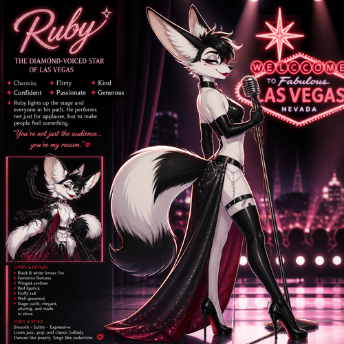 A well-made Black/white furred fennec Fox male named Ruby, wears something attractive for entertainment for a show by self to dance/sing. Wears eyeliner and lipstick. Has a bushy tail. A grown femboy anthro. A star in Las Vegas. Well groomed. Side view. Animated verse. Has good personality.