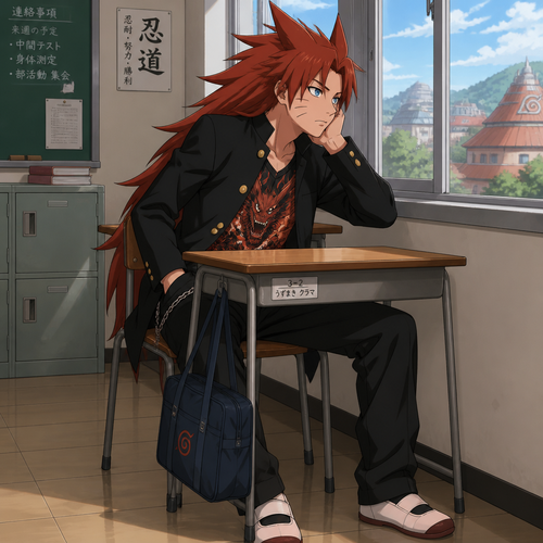 A middle school aged Kurama from Naruto wearing a gakuran with the top unbuttoned showing off a demon dragon themed shirt underneath. He is sitting at his desk in school bored and looking out the window. Anime art style, full body.