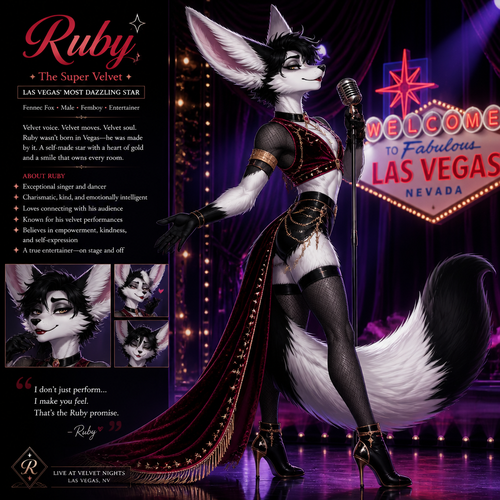 A well-made Black/white furred fennec Fox male named Ruby, wears something attractive for entertainment for a show by self to dance/sing. Wears eyeliner and lipstick. Has a bushy tail. A grown femboy anthro. A star in Las Vegas. Well groomed. Side view. Animated verse. Has good personality. Being a super velvet.