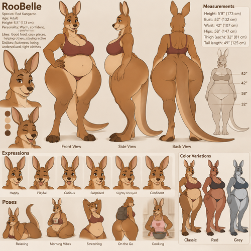 A very curvy anthropomorphic kangaroo with a rounded belly, has dimensions of her hips thighs and belly, animated version, reference sheet