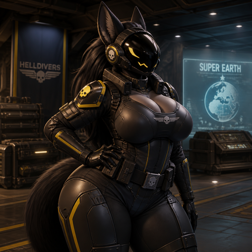 Well made, nothing weird or misplaced, and not very confusing. A female protogen character. Busty. Thick thighs with big butt. wearing armor from the game Helldivers 2. A fine looking. Very mature looking adult.