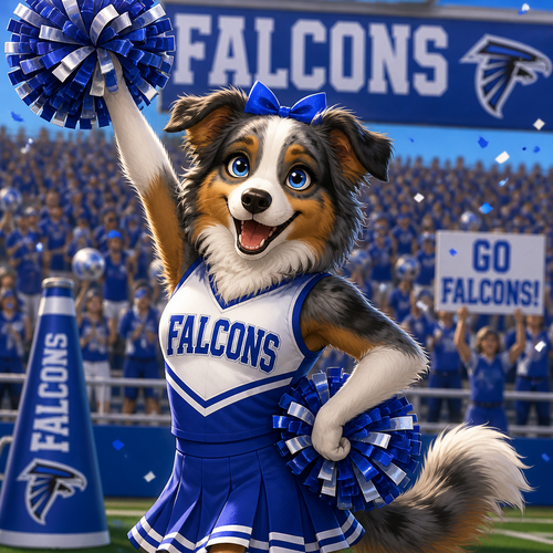 A female Australian shepherd cheerleader in a blue and white uniform cheering for a team called the “Falcons”, animated 