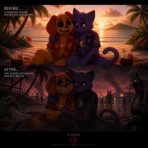 In this anthro critter verse, two soulmates; DogDay and his boyfriend Catnap both on vacation on a paradise island before, but then after the zombie apocalypse just started not long ago. Well-made animation version. The song; X Japan, I.V.