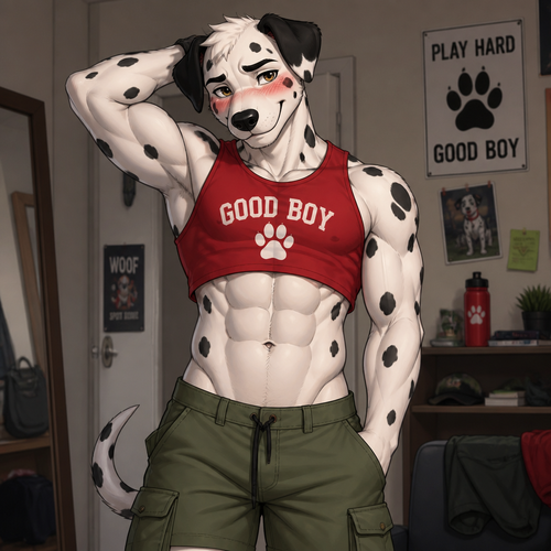 A handsome young male Dalmatian wearing green cargo shorts and a red crop top. Has a six pack abs, blushing while rubbing the back of his head.