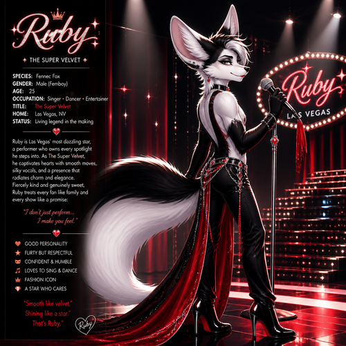 A well-made Black/white furred fennec Fox male named Ruby, wears something attractive for entertainment for a show by self to dance/sing. Wears eyeliner and lipstick. Has a bushy tail. A grown femboy anthro. A star in Las Vegas. Well groomed. Side view. Animated verse. Has good personality. Being a super velvet.