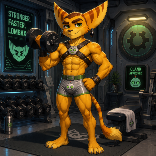 Ratchet from Ratchet and Clank wearing tight Clank themed shorts, a grey leather harness showing off a 16 pack of abs, and obsidian earrings. He is at home in his gym lifting weights. Anime art style, solo, full body.