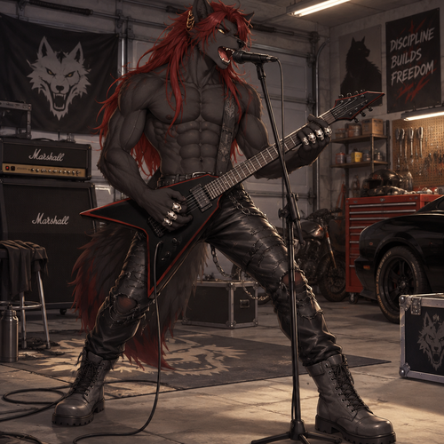 A high school aged male anthropomorphic black wolf wearing torn leather pants, shirtless showing off a 16 pack of abs, long red hair, 4 silver wolf skull rings, gold earrings located at the curve of his right ear, and grey leather combat boots. He is in his garage shredding on a guitar and singing into a microphone. Anime art style, full body.