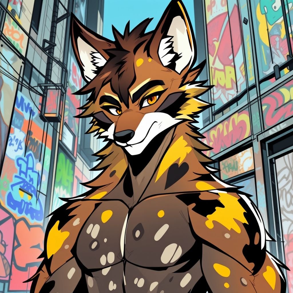 A shirtless male painted wolf with | furry.ai