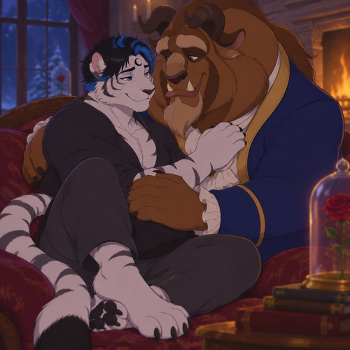 male, anthro, white tiger, short black hair with bright blue tips, black crescent on forehead, blue eyes, digitigrade footpaws, cuddling The Beast, cartoon, beauty and the beast