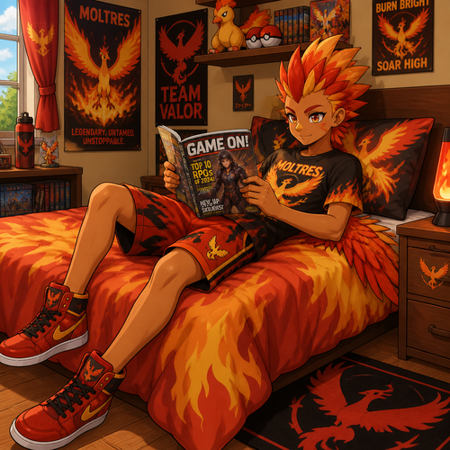 A middle school aged male Phoenix the bird wearing Moltres themed shirt, fire themed shorts, red high top shoes, and a plumage mohawk hairstyle. He is laying on his bed reading a gaming magazine. Anime art style, solo, full body.