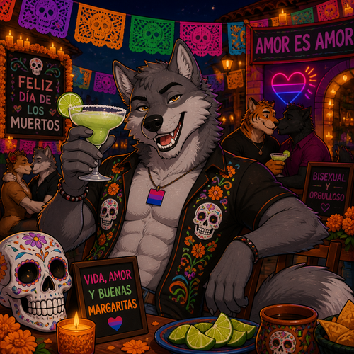 A grown male grey Wolf who is having a blast and drinking margaritas on today’s Day of the Dead in America/Mexico. Animated version. Bisexual.