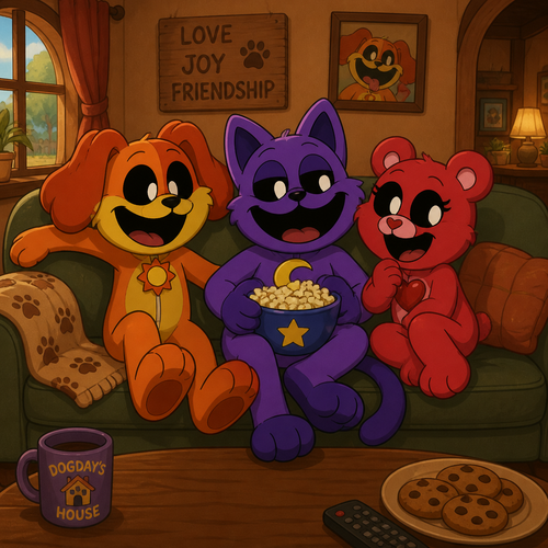 Dogday, Catnap, and Bobby Bearhug hanging out together on the couch in Dogday’s house animated 