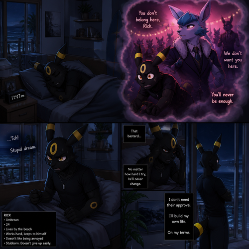 Rick (the non-rich Umbreon male) who lives in a small modern house at the beach. Sleeps in his bed at night while having a bad dream about the Barron (the wealthy Glaceon male) who still doesn’t like him while being rejected from a welcoming party. Well-made animated version. In an anthropomorphic universe. A modern life. Stubborn and don’t like being annoyed.