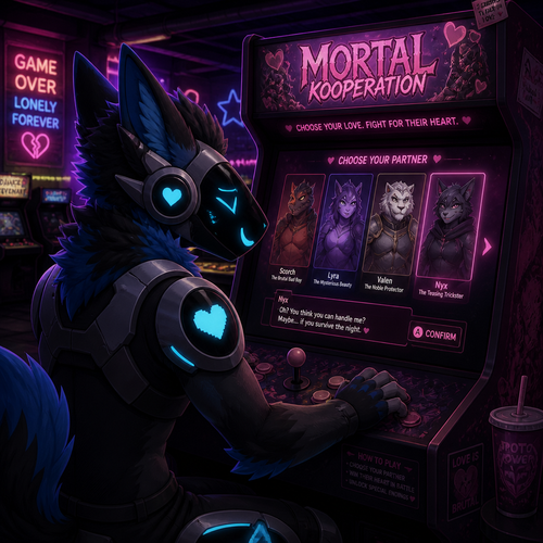 A well-made Protogen male character at an arcade playing a love game called, Mortal Kooperation.