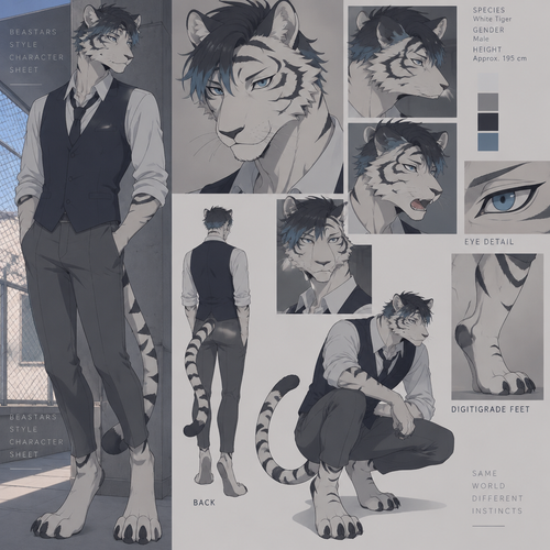 male white tiger, , blue eyes, short black hair with blue tips, digitigrade feet, Beastars style, 
