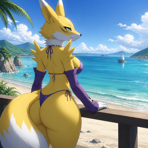 A well-made female anthro character, Renamon. Has thick thighs. Wears swimsuit and eyeliner. At the beach. Animated verse. Looking at a view.