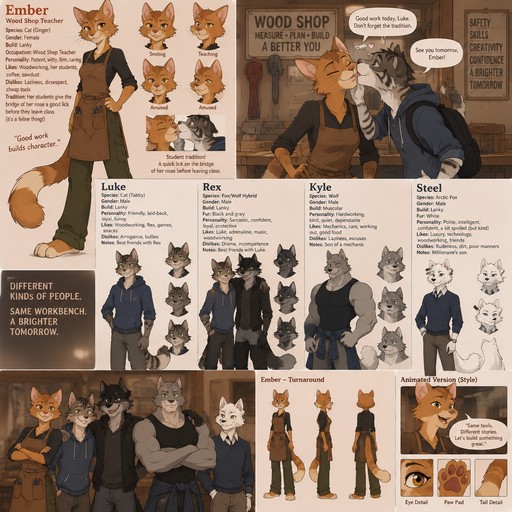 A female anthropomorphic ginger cat named Ember that has a lanky body, is a wood shop teacher, has a tradition that her students give the bridge of her nose a good lick before they leave class (which is a feline thing), shows her class a lanky male anthropomorphic tabby cat named Luke, a lanky male anthropomorphic fox wolf hybrid named Rex, a muscular anthropomorphic male wolf named Kyle, and a anthropomorphic male arctic fox named Steel, Steel is a millionaire’s son, Kyle is a mechanics son, Rex has black and gray fur, Luke and Rex have their arms around each other’s shoulders because they are best friends, reference sheet, animated version