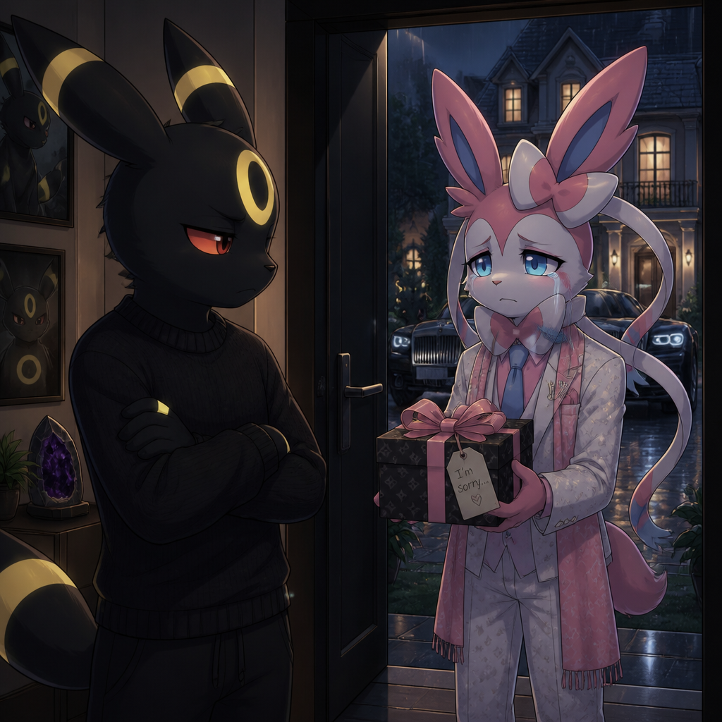 An unhappy well-made Pokemon male character, Umbreon that wears a black sweater, standing inside of his house with a door open, sees a billionaire male Sylveon standing outside, and a sad look who’s offering a gift with ribbons on it for an apology. In an anthropomorphic verse. Side effects.