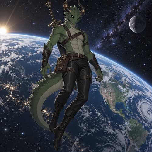 A high school aged green scaled male dragonoid with insect chitin covering his head, 2 inward curving horns, black eyes, wearing a leather harness, tight black leather pants, gold coverings on parts of his horns, a great sword on his back, and a leather bound journal hanging on the right side of his waist. He is floating in outer space above a planet that closely resembles Earth. Anime art style, solo, full body.