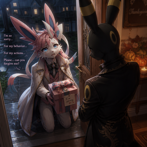 An evil but broken well-made Pokemon male character, a rich Sylveon who’s at the front door outside carries a gift box with ribbons for an apology for his behavior and his actions while beg the male Umbreon for forgiveness at today’s thanksgiving in the anthro verse. A serious animation image.