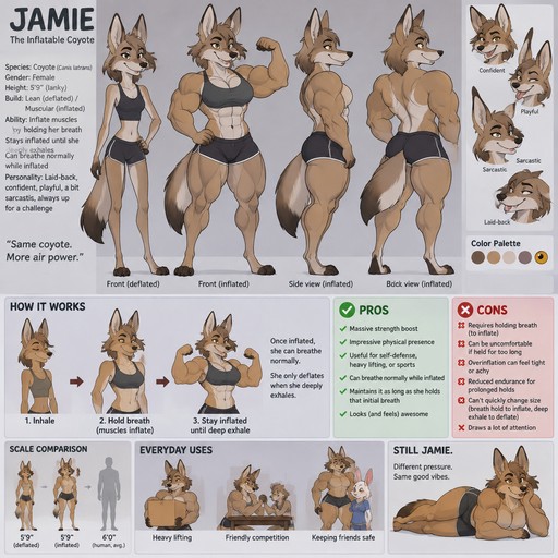 A lanky female anthropomorphic coyote named Jamie who can inflate her muscles by holding her breath, stays inflated until she deeply exhales, can breathe normally when inflated, shows pros and cons of inflatable muscles, eference sheet, animated style