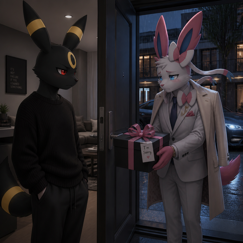 An unhappy well-made Pokemon adult male character, Umbreon that wears a black sweater, wasn’t rich but lives in a modern life. standing inside of his house with a door open, sees an adult billionaire male Sylveon standing outside, and a sad look who’s offering a gift with ribbons on it for an apology. A anthropomorphic verse. 