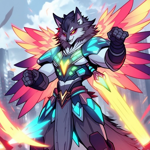 I was a half wolf, half phenix, mostly wolf The only phoenix part of me were these big cybernetic wings. I broke containment. My chest and the front of my stomach were covered in impenetrable armor. I attached a wrist-mounted plasma shooter on my right wrist and i made a clear blue plasma bladed sword.