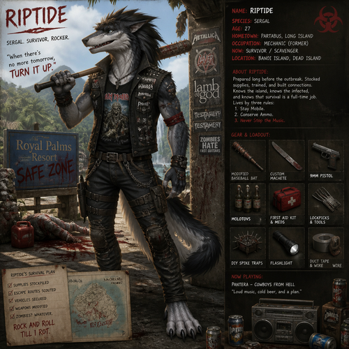 A well-made adult Sergal character that loves rock and roll and metal who’s been preparing on a zombie apocalypse, Dead Island.