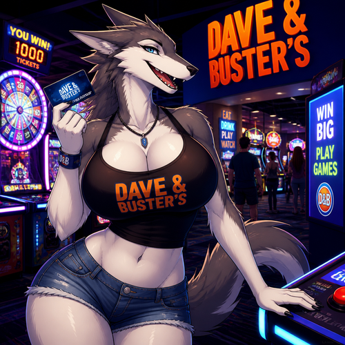 A well-made busty female adult Sergal is inside the Dave’s and Busters arcade in a mall, and having a good time. Animated version.