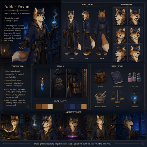 A male alchemist anthropomorphic dog fox in his early twenties named “Adder Foxtail” in a dark blue robe, is nice and is ready for a apprentice to train, the apprentice is not in the picture, reference sheet, animated version 