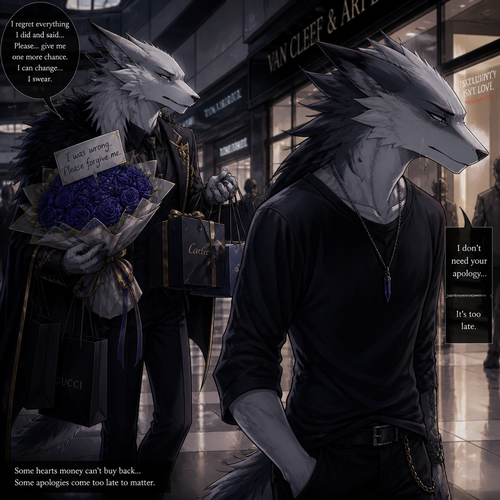 An arrogant billionaire male Sergal who brought gifts and flowers for an apology for the things he did/said by regret while begging forgiveness to an ex-boyfriend male Sergal that wears a necklace who’s not rich yet unhappy with a broken heart while looking away to ignore while walking away at the mall. A sad ending anime. (The Barrons and billionaires even trillionaires can not be trusted)