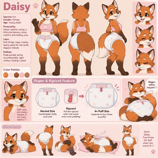A female anthropomorphic fox named Daisy, wears a big puffy diaper, has a ripcord on her diapers that make them four times as puffy when she wants to, reference sheet