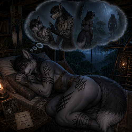 A well-made grown femboy omega grey wolf tribal with thick thighs, wide hips, big butt, and a bushy tail who lives alone in a treehouse peacefully in a rainforest while sleeping at night dreaming about his ex-mate the alpha male a tribal like a bad dream in his thoughts sobbingly unhappy.