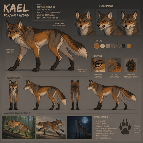 A teenage male fox and wolf hybrid that lives in the wild, quadruped, reference sheet, animated version 