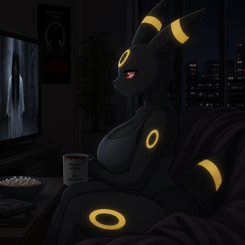 A busty anthropomorphic grownup Umbreon (a female character) that wears a tank-top who’s been all night watching a horror movie at the apartment. Animated version. Side view.
