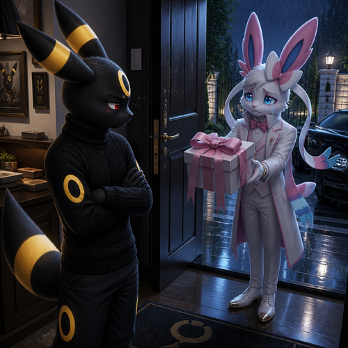 An unhappy well-made Pokemon male character, Umbreon that wears a black sweater, standing inside of his house with a door open, sees a billionaire male Sylveon standing outside, and a sad look who’s offering a gift with ribbons on it for an apology. In an anthropomorphic verse. Side effects.
