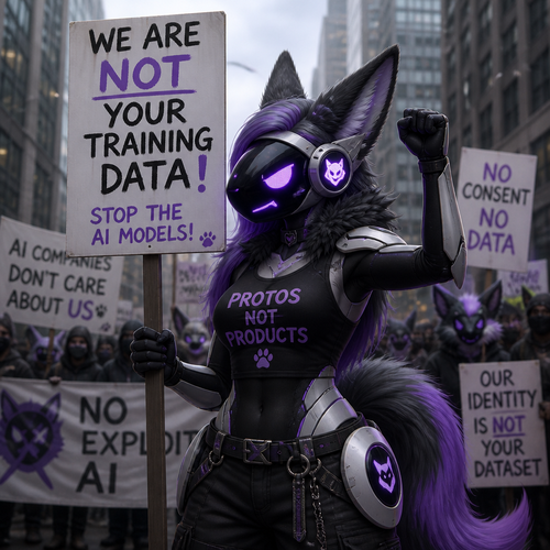A female Protogen protesting against the new AI models.